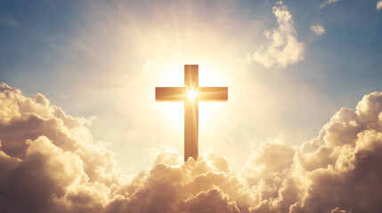 A radiant cross emerges through clouds, symbolizing resurrection and hope in the sky