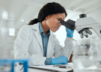 Black woman, microscope and research in lab for science, investigation and experiment results....