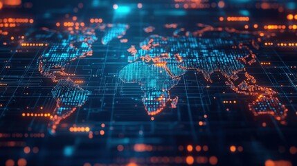 A futuristic, digital representation of the world map, rendered in vibrant blue and orange hues. The map is composed of interconnected lines and data points, suggesting global connectivity and digital