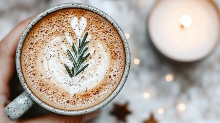   A person sipping hot chocolate with a sprig of rosemary on the rim
