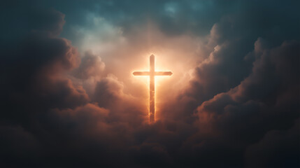 Fototapeta premium Dramatic cross illuminated against a stormy sky symbolizes resurrection and hope in Christianity