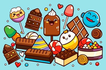 Set of various chocolate candies,ice cream,lollipop,confectionery