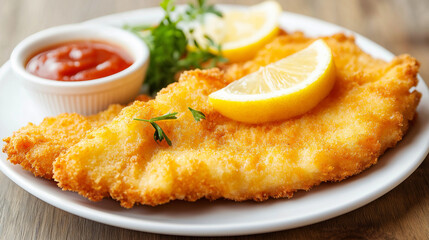 breaded fish with dipping sauce and lemon for advertising