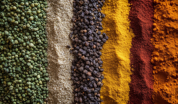 Colorful assortment of spices and herbs arranged in parallel lines on a wooden surface showcasing vibrant textures and hues