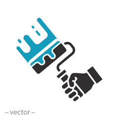 Obraz premium decorator with paint roller, icon, renovation in house, painter hand, wall work, flat vector illustration