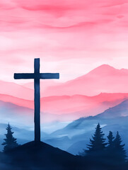 Obraz premium Crucifix symbol on a mountain at sunset with vibrant colors illuminating the sky