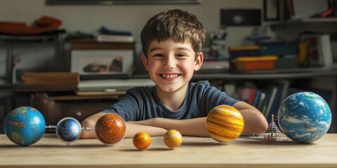 Fototapeta premium A smiling boy proudly displays a model of the solar system in front of him, sitting at a desk with planets lined up in a row..