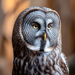 A great grey owl stands attentively amidst the trees, its distinctive features highlighted by the soft light of dusk. The calm atmosphere adds to its majestic presence in nature.