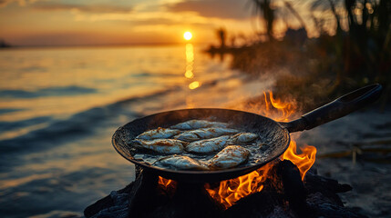 Grilling Fish on a Campfire at Sunset by the Beach