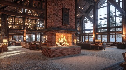 Obraz premium A large brick fireplace at the heart of a winter lodge, with detailed brickwork that radiates warmth throughout the large, open space