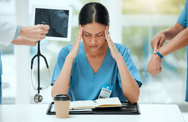 Nurse, hands and woman with stress in office for healthcare deadline, time management and...