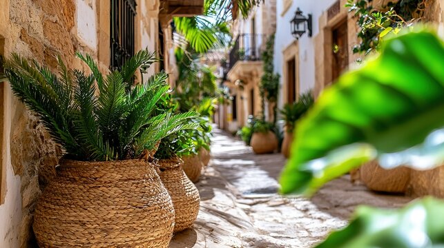 Fototapeta   Narrow street lined with potted plants on both sides and lamps on either side