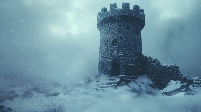 A medieval-style stone tower standing strong amidst a blizzard, its thick walls holding back the howling winds and preserving warmth within