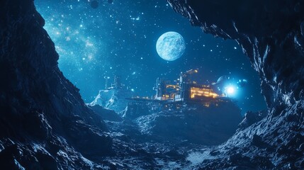 Futuristic Space Scene with Moon and Sci-Fi Structures