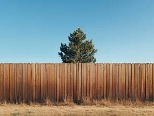 Fototapeta premium A solitary tree standing tall behind a weathered wooden fence.