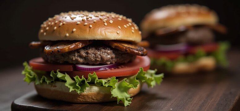 Mouth watering close up of gourmet hamburgers with fresh ingredients, perfect for menus, food blogs, and advertising in the culinary industry.