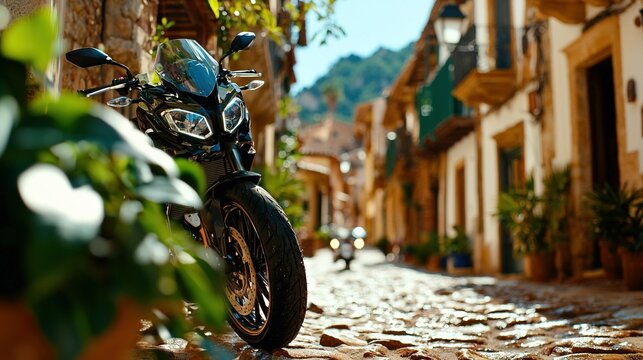   A motorcycle parked on a cobblestone street in front of a clock-tower building
