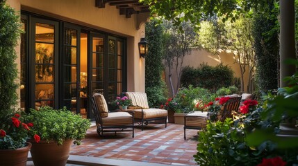 Fototapeta premium Cozy Outdoor Patio with Elegant Seating and Lush Greenery