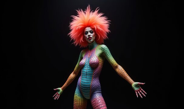 A vibrant and dynamic performer showcases colorful body art, embodying creativity and artistic expression against a dark background.