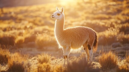 Llama in Golden Sunset on a Meadow
