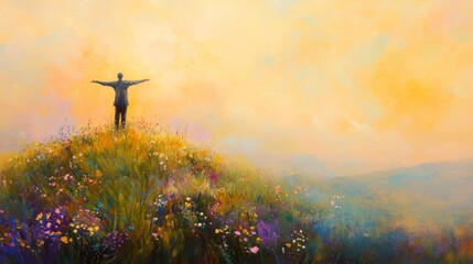 Person Standing on Hilltop Surrounded by Colorful Wildflowers and Sunset