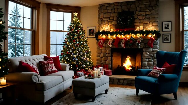 A cozy Christmas living room with a stone fireplace, socks, two decorated Christmas trees, an armchair and wrapped gifts.in winter Seamless looping 4k time-lapse animation video background