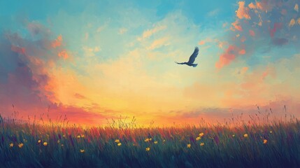 Serene Sunset Over Flowering Meadow with Flying Bird