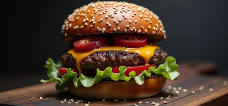A mouth watering cheeseburger with fresh ingredients, perfect for food advertisements, menus, and culinary blogs.