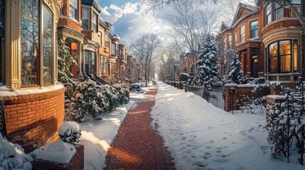 Obraz premium A panoramic scene of a brick-lined residential street after a snowstorm, the homes' warm interiors visible through ornate windows, showing the community's resilience