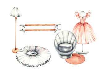 Watercolor ballet room interior with accessories and furniture. Ballerinas dressing room for designing invitations, cards, labels, etc. Ballet set of watercolor illustrations