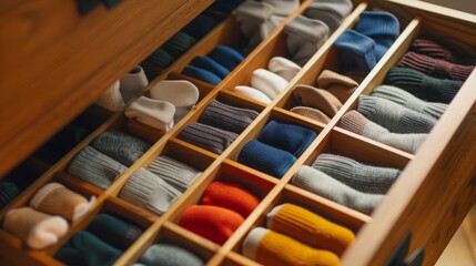 An organized drawer full of neatly folded socks in various colors. The drawer is made of wood and the socks are neatly arranged.