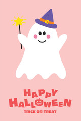 Cute Halloween card with funny ghost. Vector illustration