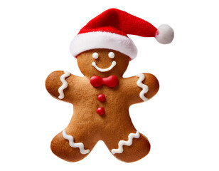 Gingerbread man with Santa hat, white isolate background