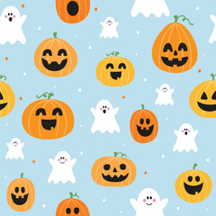 Halloween background. Seamless texture with cute pumpkins and ghosts. Vector illustration