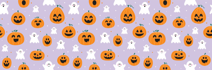 Cute Halloween background with hand drawn pumpkins and ghosts. Seamless pattern. Banner. Vector illustration