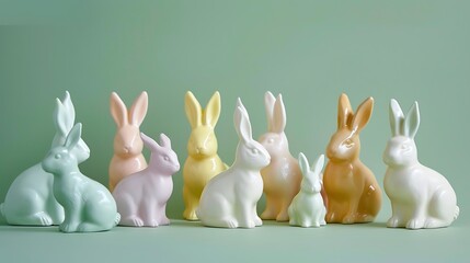 Fototapeta premium A group of pastel-colored bunny figurines on a light green background