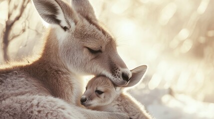 Fototapeta premium Tender Moment Between Kangaroo and Joey in Warm Light