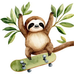 Fototapeta premium Sloth on skateboard with leaves, isolated