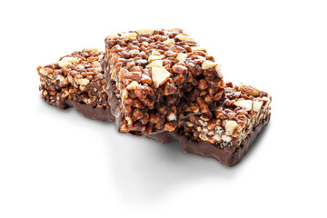 Chocolate protein bars with nuts, cereal and granola isolated on transparent background, high protein sports nutrition