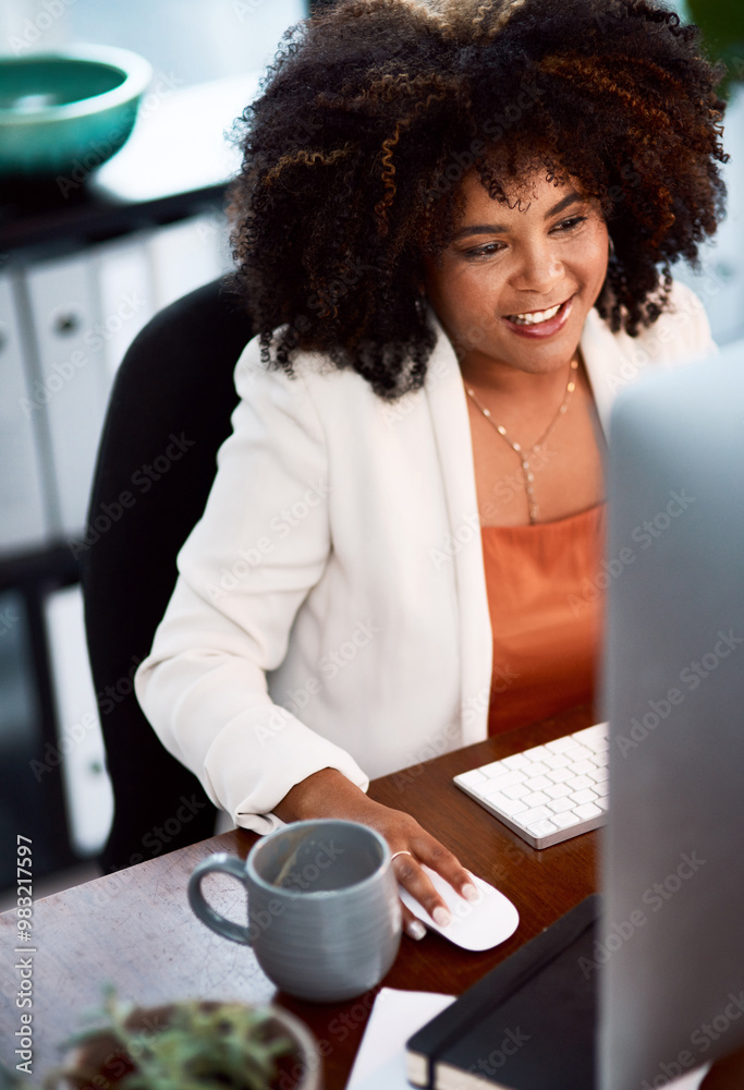 Aufkleber computer, design and smile with black woman in office, at desk for administration or research. coffe