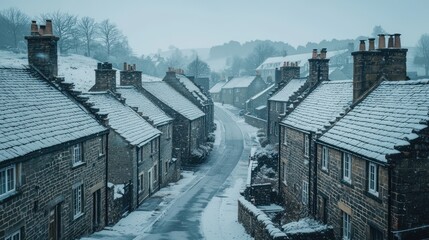 Fototapeta premium A panoramic winter view of a small town with uniform stone houses, their thick walls holding back the cold, as a gentle snow falls over the quiet streets