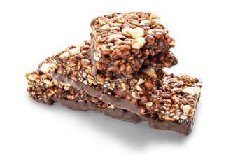 Chocolate protein bars with nuts, cereal and granola isolated on transparent background, high protein sports nutrition