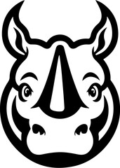 Illustration of head of wild angry rhino in vintage monochrome style. Design element for logo, emblem, sign, poster, card, banner.