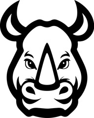 Illustration of head of wild angry rhino in vintage monochrome style. Design element for logo, emblem, sign, poster, card, banner.