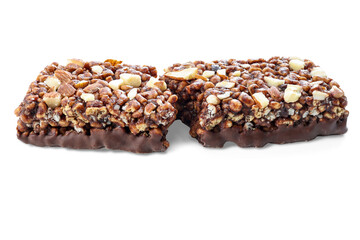 Chocolate protein bars with nuts, cereal and granola isolated on transparent background, high protein sports nutrition