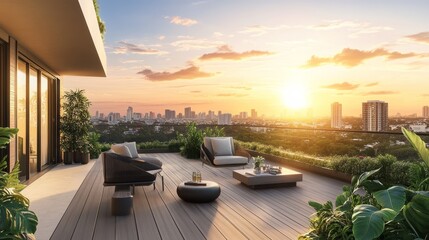 Fototapeta premium Modern Outdoor Living Space with Sunset View