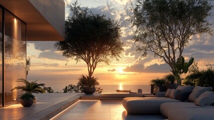 Serene Oceanview Terrace at Sunset