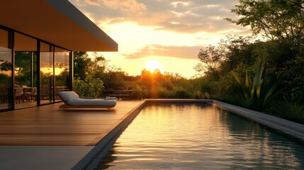 Modern Outdoor Living Space with Sunset Reflection in Pool