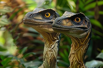 Fototapeta premium Two alert raptors surrounded by lush vegetation in a jungle setting with vivid, piercing eyes.
