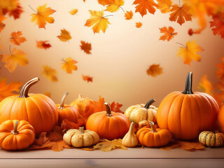 Pumpkins and autumn leaves with copy space